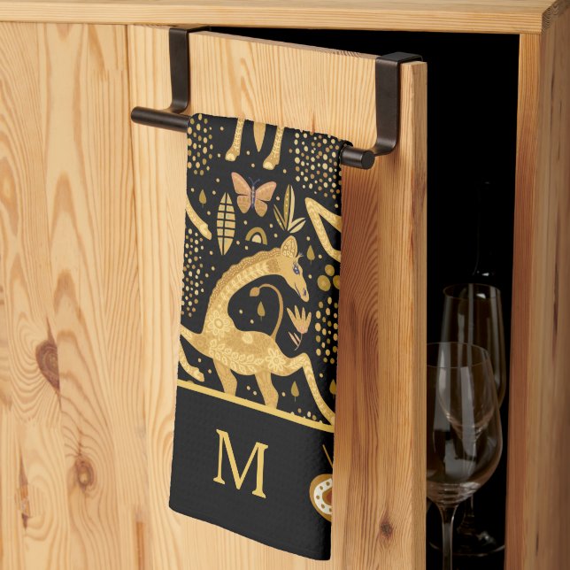 Exotic Black Gold Giraffe Boho Monogram Kitchen Towel (Thirds Fold)