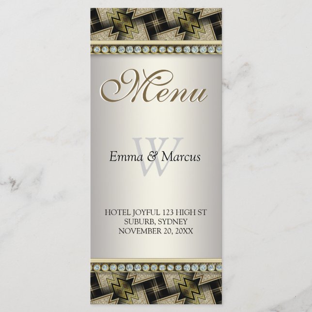Exotic Black Gold Pattern Diamond Wedding Menu (Front)