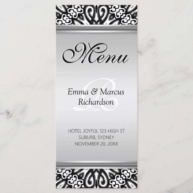 Exotic Black & White Decor Wedding Menu Card (Front)