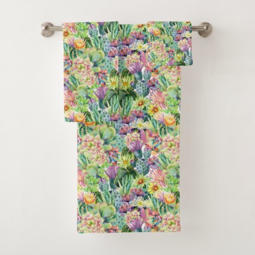 Exotic Blooming Watercolor Cacti Pattern Bath Towel Set