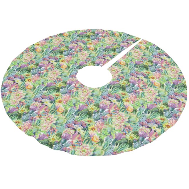 Exotic Blooming Watercolor Cacti Pattern Brushed Polyester Tree Skirt (Angled)