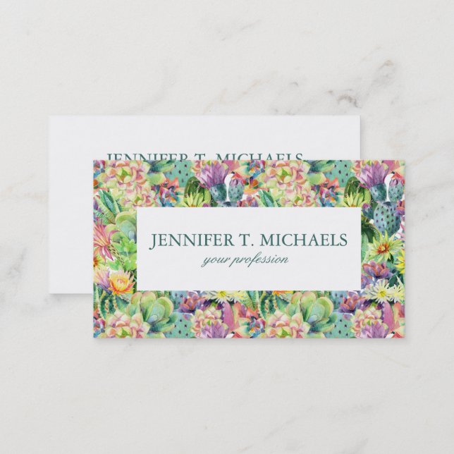 Exotic Blooming Watercolor Cacti Pattern Business Card (Front/Back)