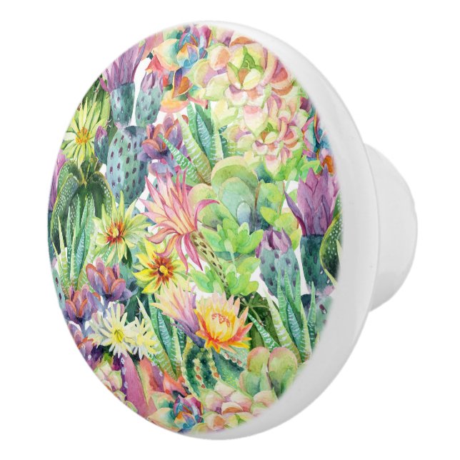 Exotic Blooming Watercolor Cacti Pattern Ceramic Knob (Right)