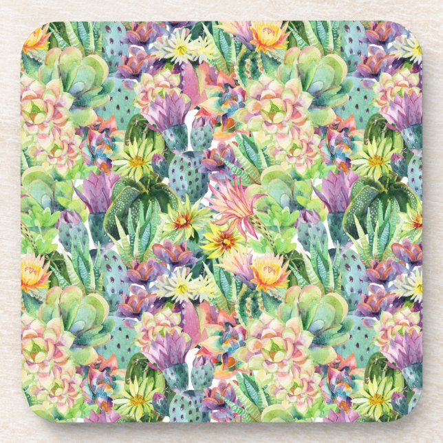 Exotic Blooming Watercolor Cacti Pattern Coaster (Front)