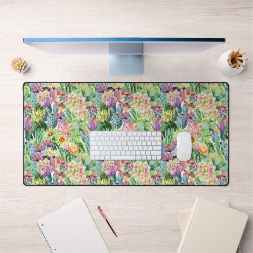 Exotic Blooming Watercolor Cacti Pattern Desk Mat