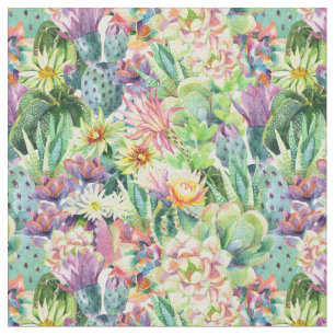 Exotic Blooming Watercolor Cacti Pattern Fabric