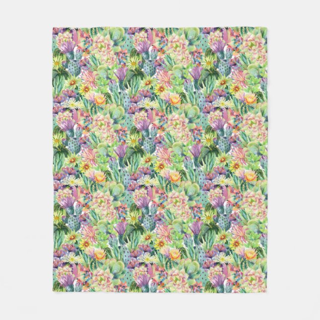 Exotic Blooming Watercolor Cacti Pattern Fleece Blanket (Front)