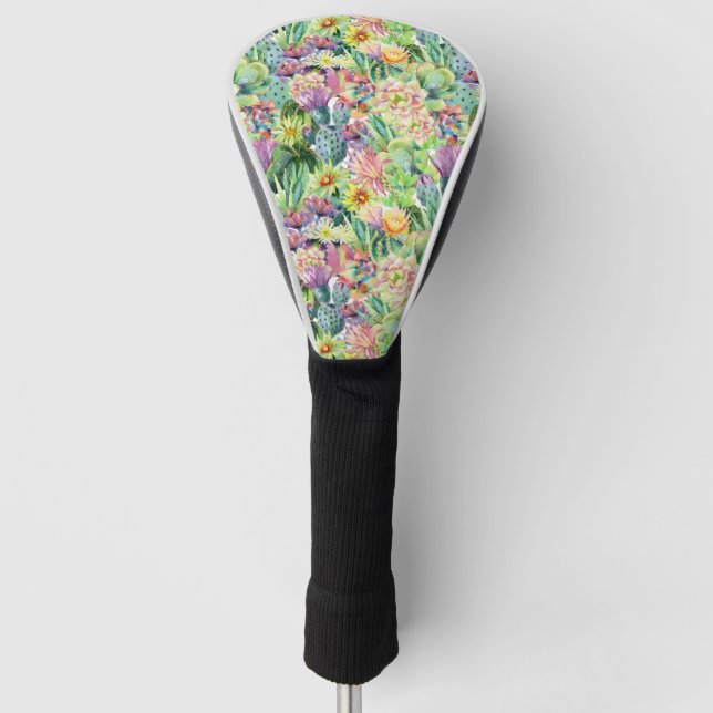 Exotic Blooming Watercolor Cacti Pattern Golf Head Cover (Front)