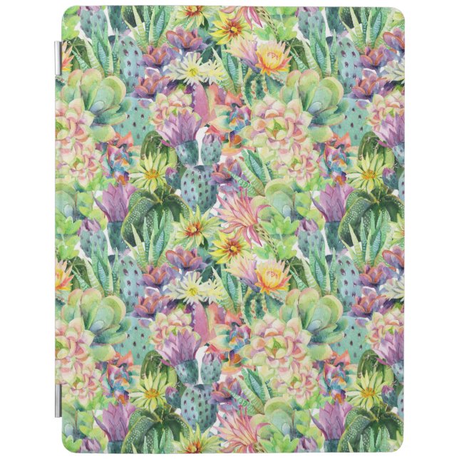 Exotic Blooming Watercolor Cacti Pattern iPad Air Cover (Front)