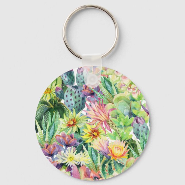 Exotic Blooming Watercolor Cacti Pattern Keychain (Front)