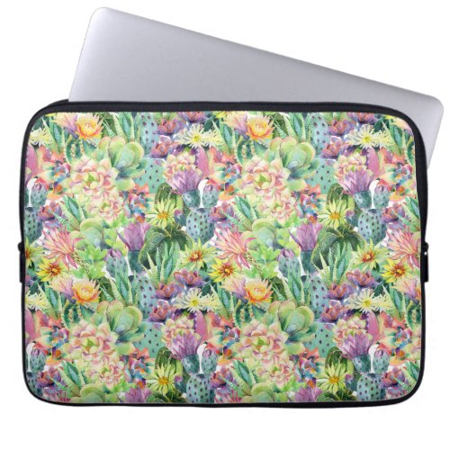 Exotic Blooming Watercolor Cacti Pattern Laptop Sleeve