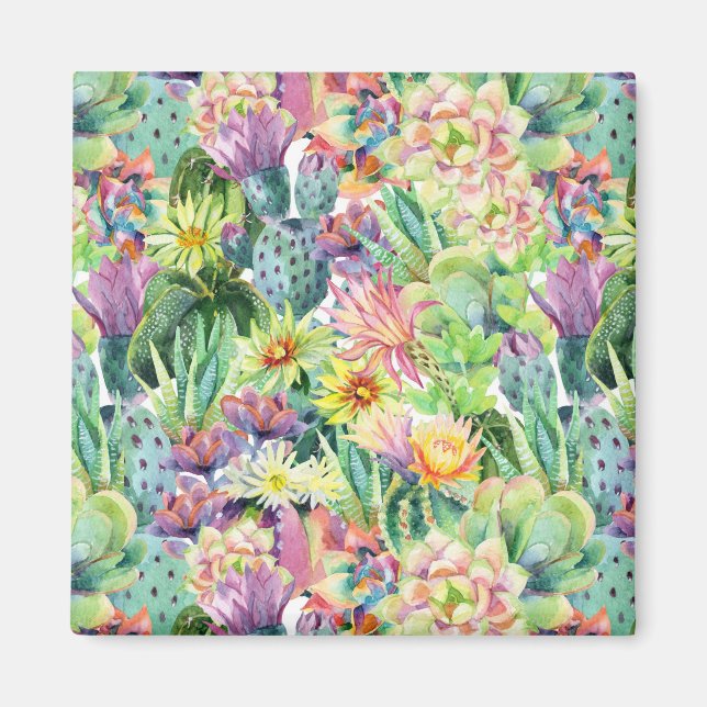 Exotic Blooming Watercolor Cacti Pattern Magnet (Front)
