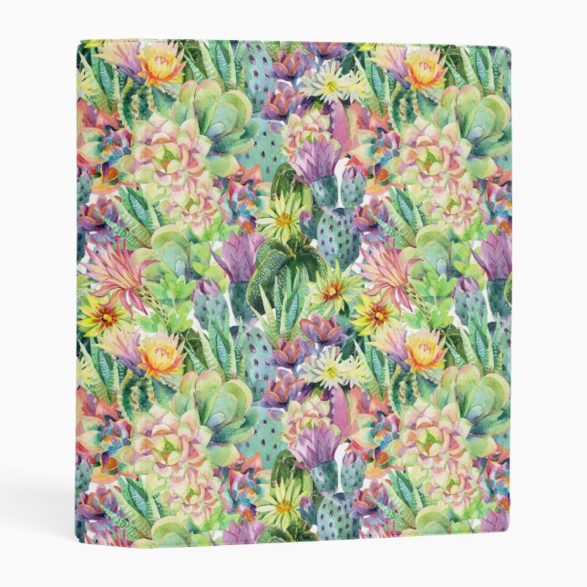 Exotic Blooming Watercolor Cacti Pattern Mini Binder (Front/Spine)