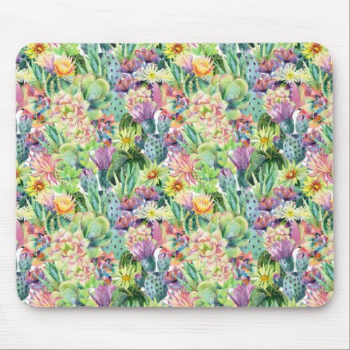 Exotic Blooming Watercolor Cacti Pattern Mouse Pad