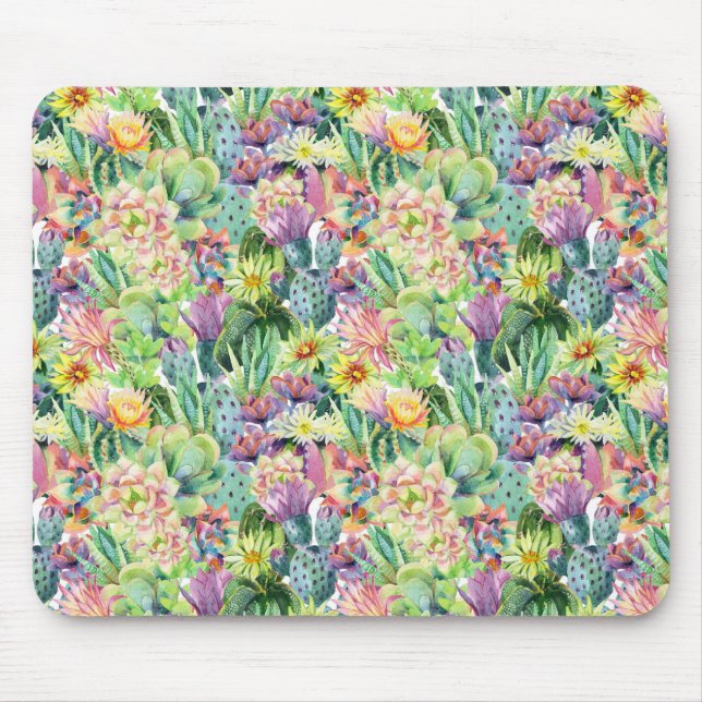 Exotic Blooming Watercolor Cacti Pattern Mouse Pad (Front)