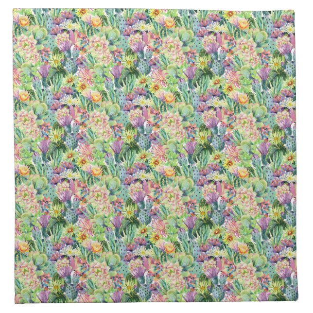 Exotic Blooming Watercolor Cacti Pattern Napkin (Front)