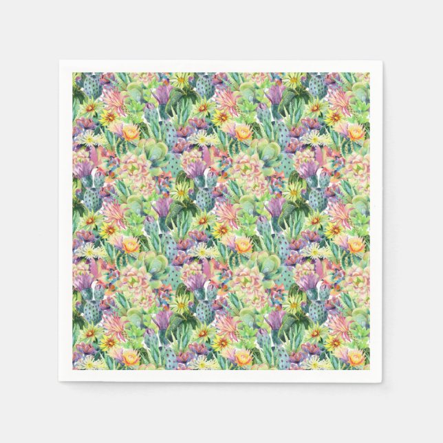 Exotic Blooming Watercolor Cacti Pattern Napkins (Front)