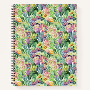Exotic Blooming Watercolor Cacti Pattern Notebook