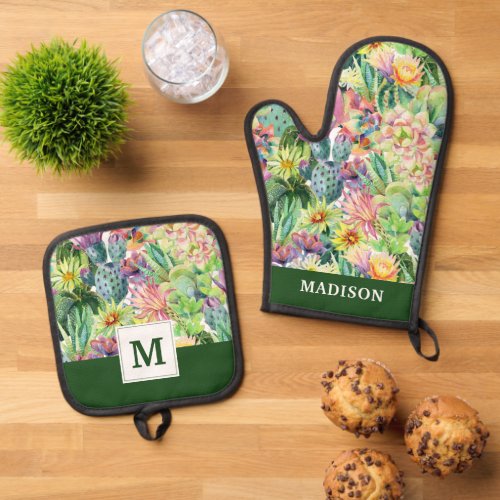 Exotic Blooming Watercolor Cacti Pattern Oven Mitt  Pot Holder Set