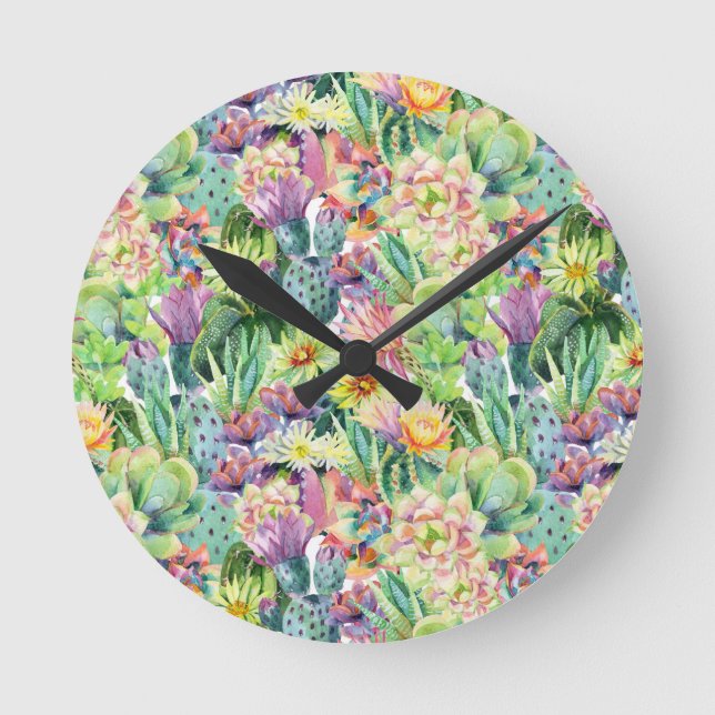 Exotic Blooming Watercolor Cacti Pattern Round Clock (Front)