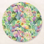 Exotic Blooming Watercolor Cacti Pattern Round Paper Coaster