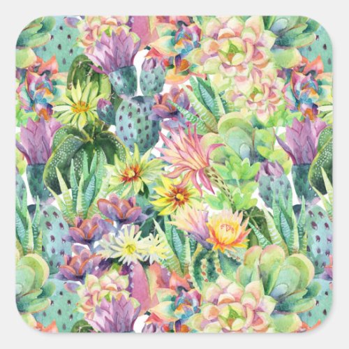 Exotic Blooming Watercolor Cacti Pattern Square Sticker