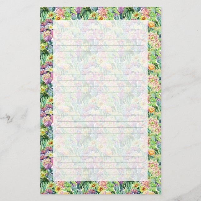 Exotic Blooming Watercolor Cacti Pattern Stationery (Front)