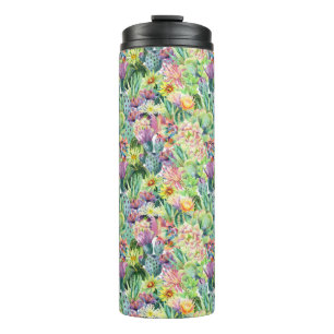 Exotic Blooming Watercolor Cacti Pattern Thermal Tumbler