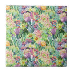 Exotic Blooming Watercolor Cacti Pattern Tile