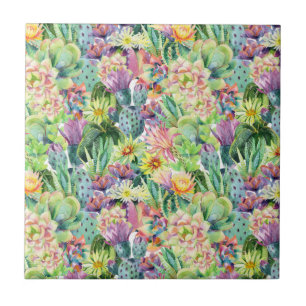 Exotic Blooming Watercolor Cacti Pattern Tile