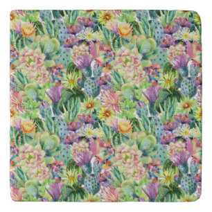 Exotic Blooming Watercolor Cacti Pattern Trivet
