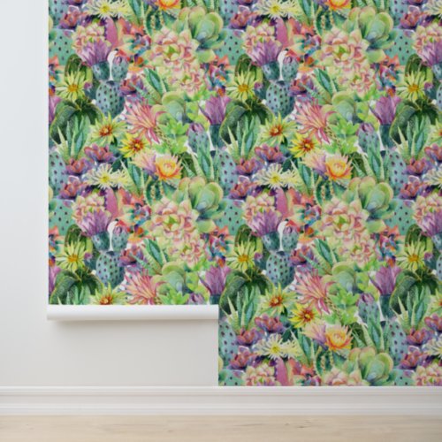 Exotic Blooming Watercolor Cacti Pattern Wallpaper
