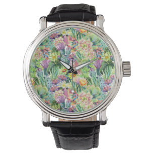 Exotic Blooming Watercolor Cacti Pattern Watch