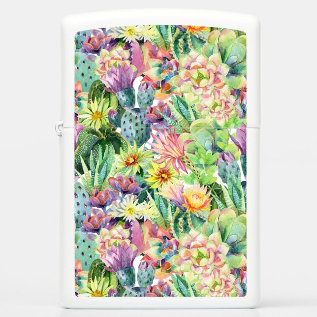 Exotic Blooming Watercolor Cacti Pattern Zippo Lighter (Front)