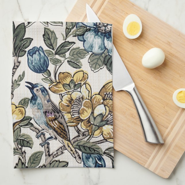 Exotic Blue and Gold Flowers & Birds Kitchen Towel (Quarter Fold)