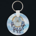 Exotic Blue Dream Catcher Groomsman gift Keychain<br><div class="desc">A dream catcher that includes the round circle of bamboo and red beads in the web with blue exotic-parrot bird tone feathers on a soft blues feather background . wedding gifts</div>
