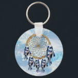 Exotic Blue Dream Catcher Groomsman gift Keychain<br><div class="desc">A dream catcher that includes the round circle of bamboo and red beads in the web with blue exotic-parrot bird tone feathers on a soft blues feather background . wedding gifts</div>