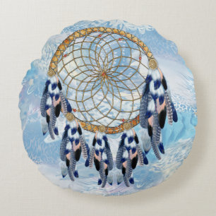 Exotic Blue Dream Catcher Home Decor Round Pillow