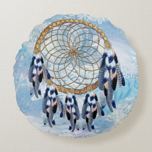 Exotic Blue Dream Catcher Home Decor Round Pillow (Front)