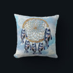 Exotic Blue Dream Catcher Home Decor Throw Pillow<br><div class="desc">A dream catcher that includes the round circle of bamboo and red beads in the web with blue exotic-parrot bird tone feathers on a soft blues feather background  for the newly weds</div>