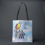 Exotic Blue Dream Catcher Tote Bag<br><div class="desc">A dream catcher that includes the round circle of bamboo and red beads in the web with blue exotic-parrot bird tone feathers on a soft blues feather background for a bridesmaids gift</div>