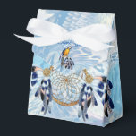 Exotic Blue Dream Catcher Wedding Favor Boxes<br><div class="desc">A dream catcher that includes the round circle of bamboo and red beads in the web with blue exotic-parrot bird tone feathers on a soft blues feather background for a wedding.</div>