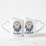 Exotic Blue Dream Catcher Wedding Gift Coffee Mug Set<br><div class="desc">A dream catcher that includes the round circle of bamboo and red beads in the web with blue exotic-parrot bird tone feathers on a soft blues feather background . to personalize</div>