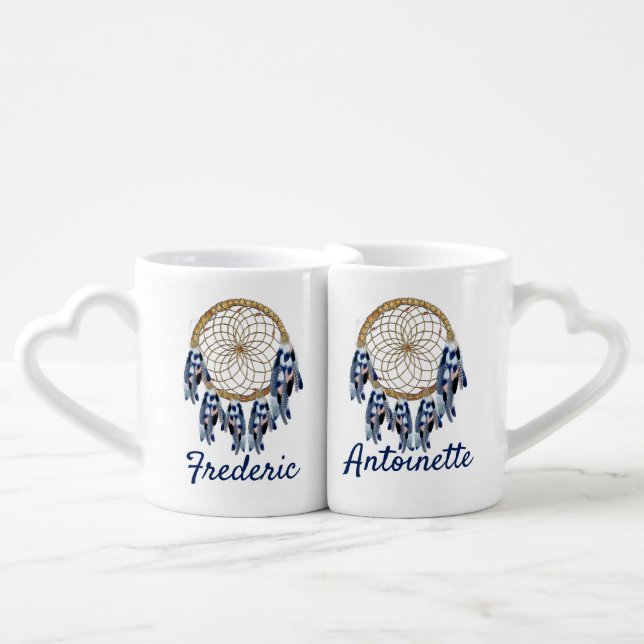 Exotic Blue Dream Catcher Wedding Gift Coffee Mug Set (Front Nesting)