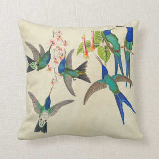 Exotic Blue Hummingbird Birds Flowers Throw Pillow