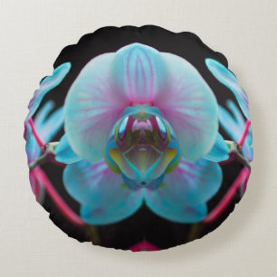 Exotic Blue Orchid Reflection Round Pillow