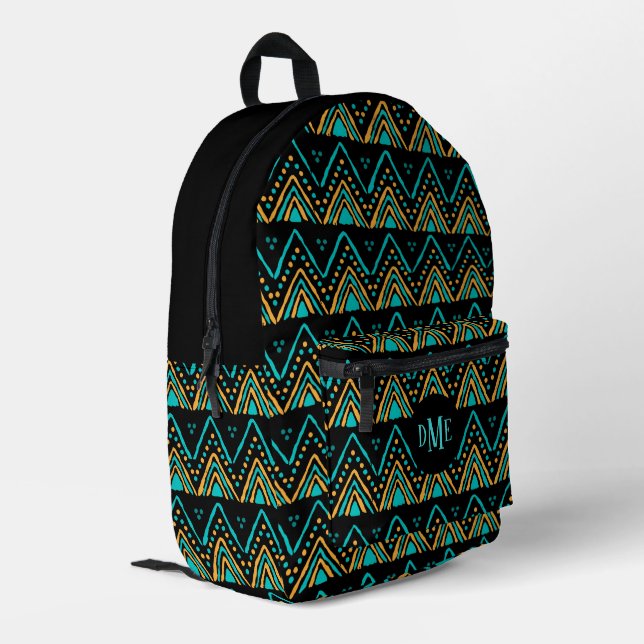 Exotic Boho Tribal Mountain Symbol Monogram Printed Backpack (Back Corner Left)