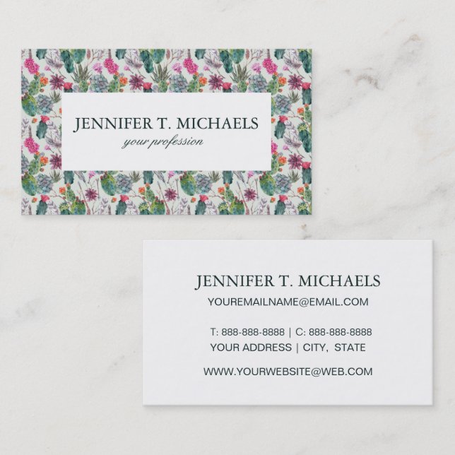Exotic Boho Watercolor Cactus & Succulent Pattern Business Card (Front/Back)