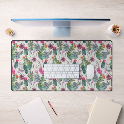 Exotic Boho Watercolor Cactus  Succulent Pattern Desk Mat