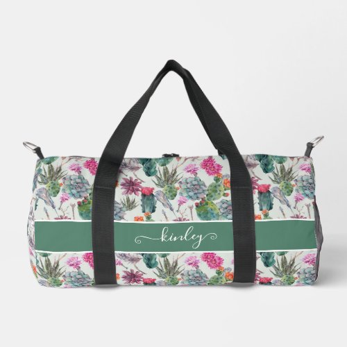 Exotic Boho Watercolor Cactus  Succulent Pattern Duffle Bag